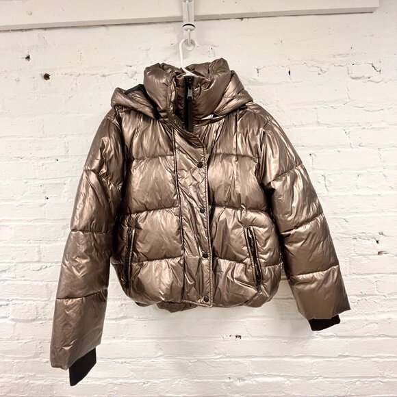 GAP Puffer Jacket Womens Medium Metallic Gray Cropped Detachable Hood PrimaLoft - Picture 1 of 16